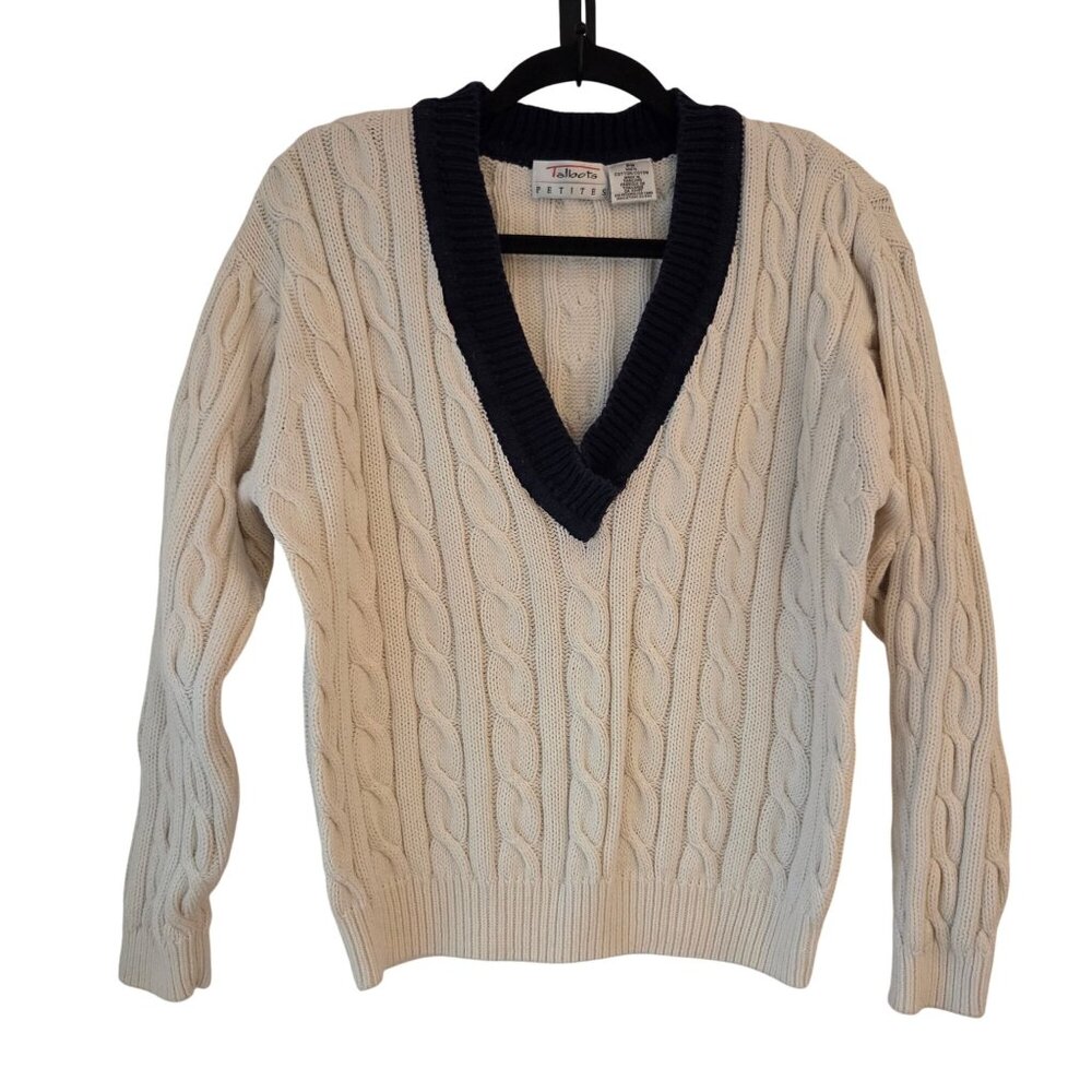 Vintage Talbots Rory Sweater Cream Chunky Cable Knit Preppy V-Neck Petite M (PM)